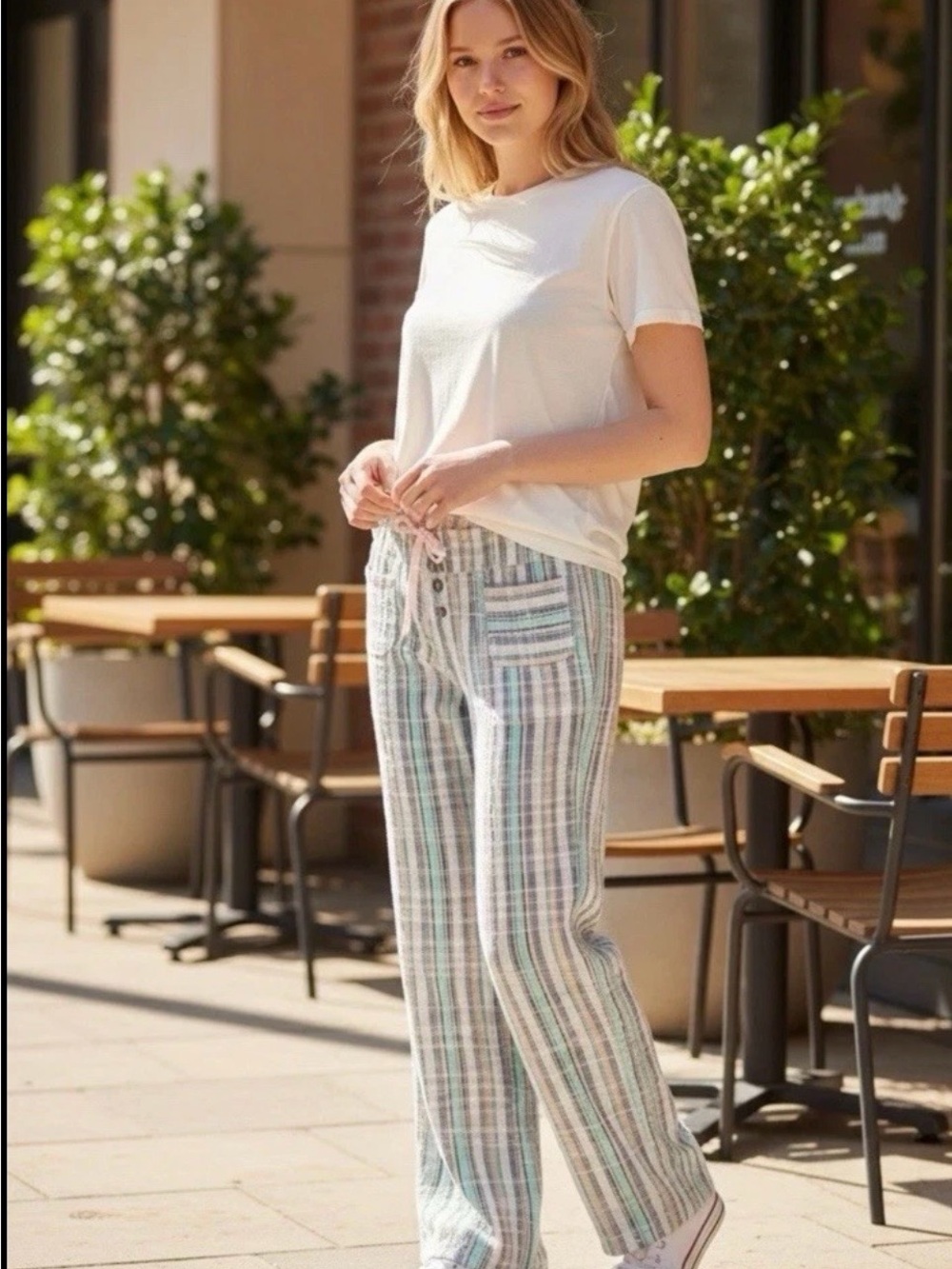 Sundance Women Pants Small Beachy Country Club Plaid Preppy Mid Rise Summer Tie